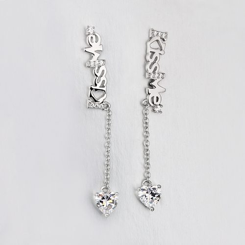 925 sterling silver cz KISS ME and heart drop earrings