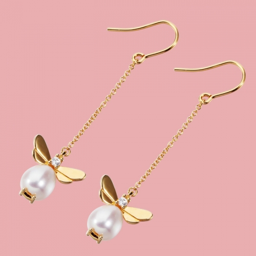 Fashion 925 sterling silver freshwater pearl drop bee earrings hook