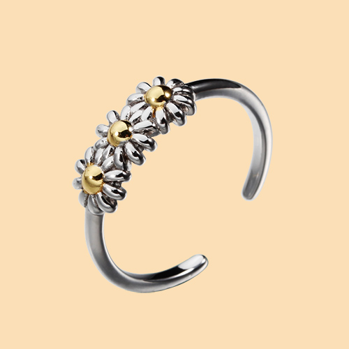 Two-tone 925 sterling silver daisy open rings