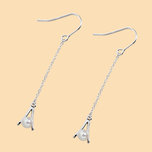 925 sterling silver pearl long chain drop earrings