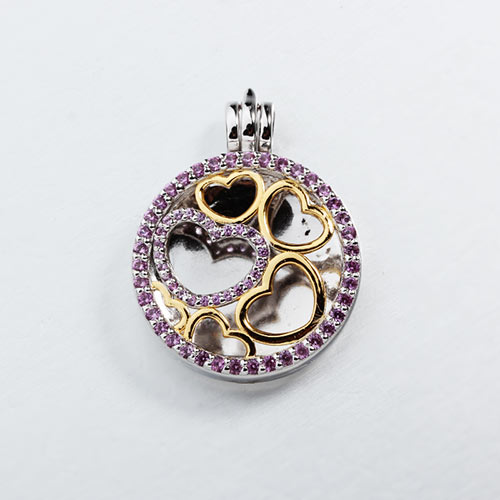 Two-tone 925 sterling silver glass cz hearts round lockets
