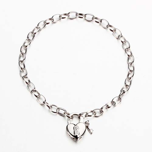 925 silver oval chain bracelet with heart lock clasp