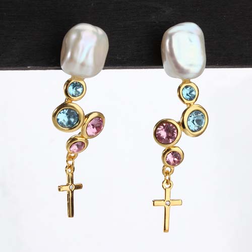 Colored cz baroque pearl silver dangle cross earrings