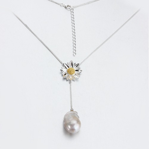 925 silver sunflower baroque pearl lariat jewelry necklace