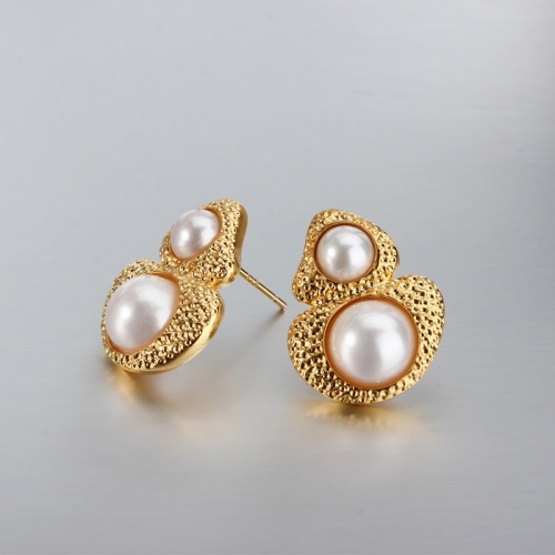 Renfook 925 sterling silver hammered gourds pearl stud earrings