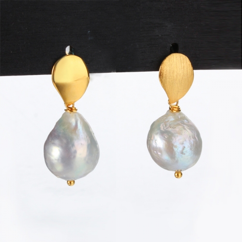 Renfook 925 sterling silver brushed surface baroque pearl earrings