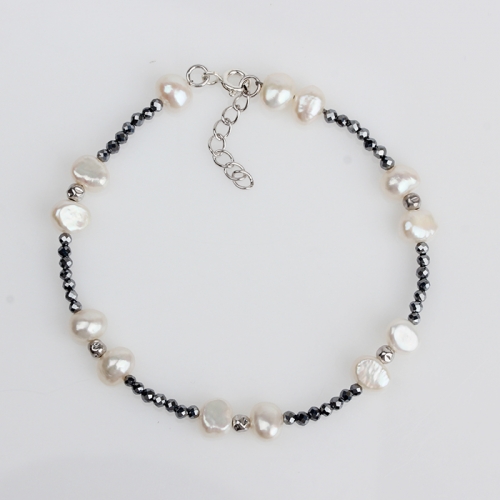 Renfook 925 sterling silver pearl and hematite bracelet