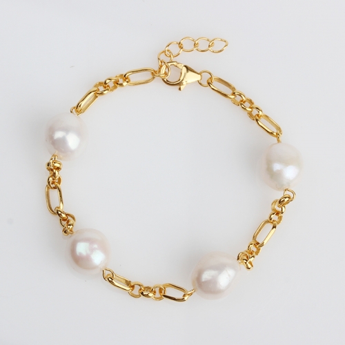 Renfook 925 sterling silver pearl 3+1 figaro cable chain bracelet