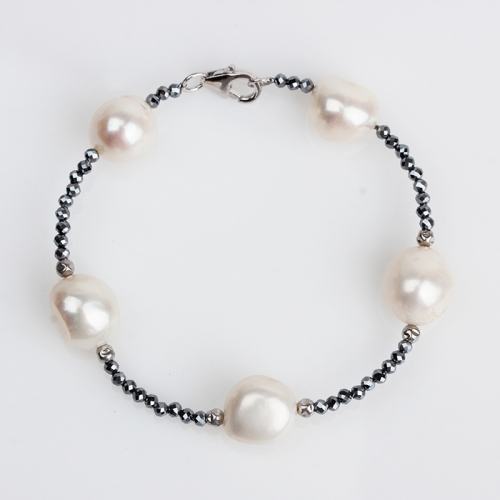 Renfook 925 sterling silver pearl and hematite bracelet
