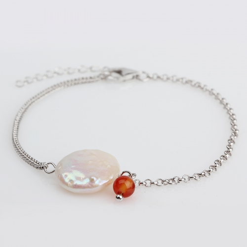 Renfook 925 sterling silver red agate and baroque pearl women  bracelet