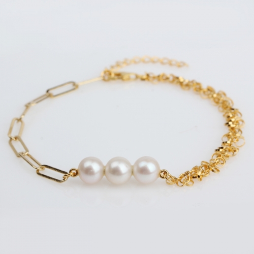 Renfook 925 sterling silver long chain pearl women bracelet