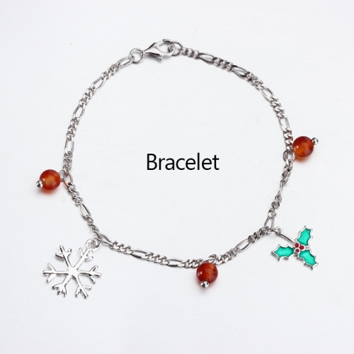 Renfook 925 sterling silver red agate snowflake and christmas leaf women bracelet