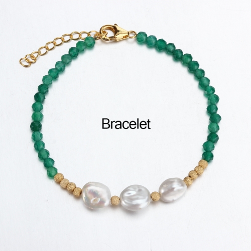 Renfook 925 sterling silver pearl and green onyx bracelet for women
