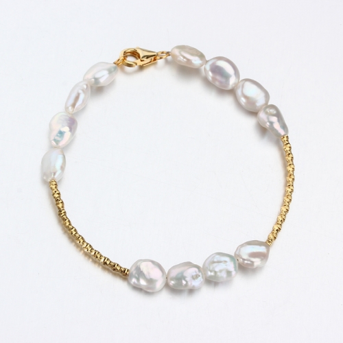 925 Sterling silver diamond cut chain baroque pearl bracelet