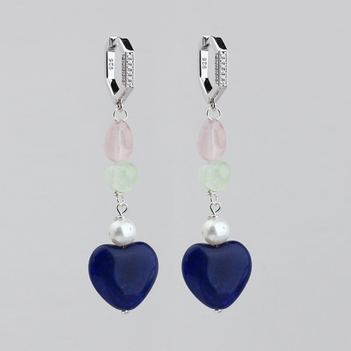 925 Sterling silver gemstone pearl heart lapis lazuli earrings hoop