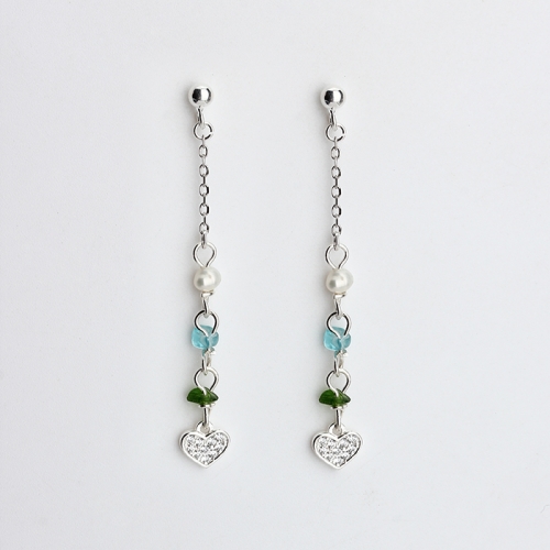 925 Sterling silver pearl gemstone connector heart charm drop earrings stud