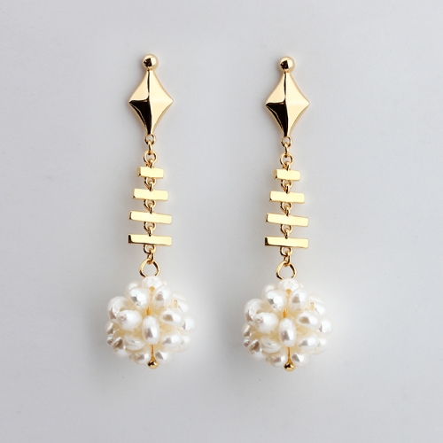 925 Sterling silver fishbone diamond pearl ball earrings stud