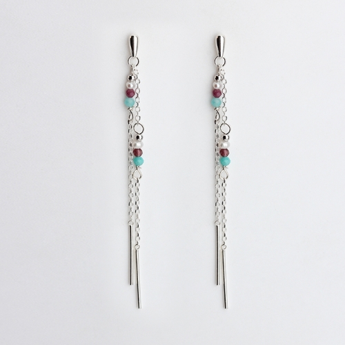 925 Sterling silver small colorful bead tassel earrings stud
