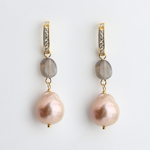 925 sterling silver pink baroque pearl with moonstone earring stud