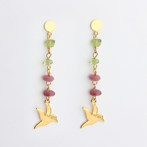 925 sterling silver gemstone and bird charm long earring stud