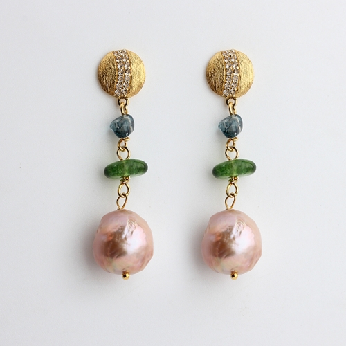 925 sterling silver pink baroque pearl with gemstone brand earring stud