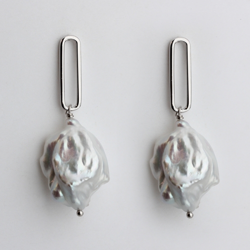 925 sterling silver long link baroque pearl earrings stud