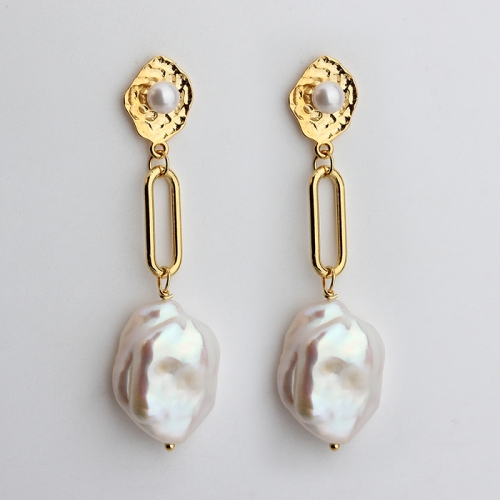 925 sterling silver long link baroque pearl dangle earrings stud