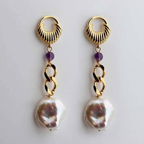 925 sterling silver helix amethyst baroque pearl chunky chain earrings stud