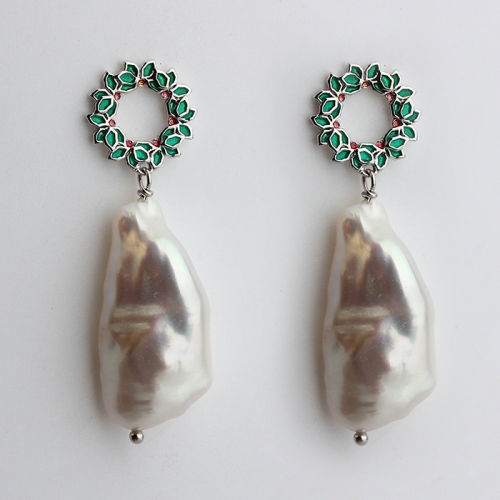 925 sterling silver enamel flower baroque pearl earrings stud