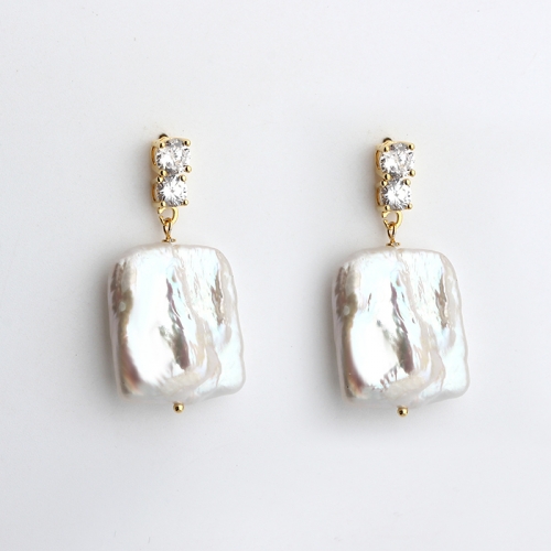 925 sterling silver square baroque pearl white CZ fashion earrings