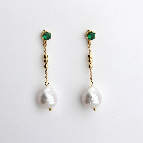 925 sterling silver crown green CZ baroque pearl earrings