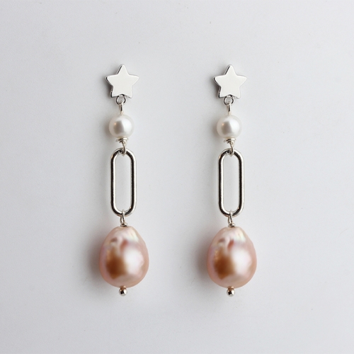 925 sterling silver baroque pearl star and link earrings