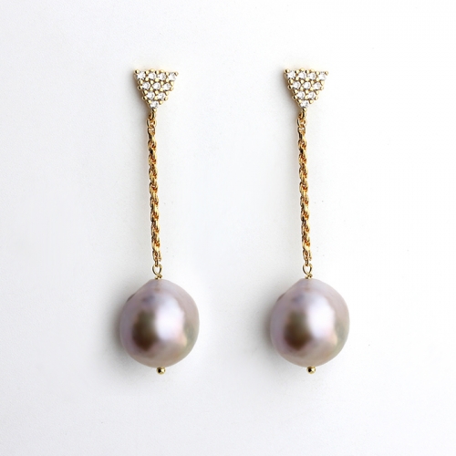 925 sterling silver CZ triangle baroque pearl drop earrings