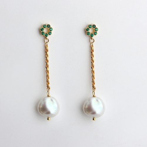 925 sterling silver green CZ flower baroque pearl earrings