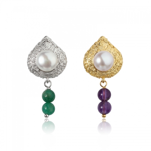 925 sterling silver elegant raised hammered button pearl with gemstone earrings