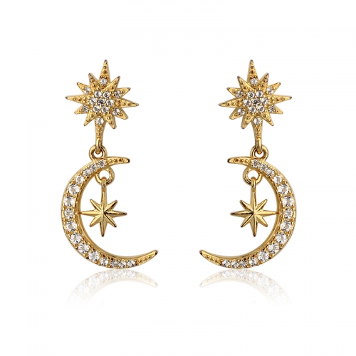 Sterling Silver 925  Star and Moon Zirconia Stud Earring