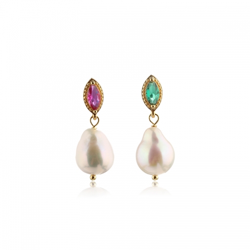 925 Sterling Silver CZ and Baroque Pearl Earrings Studs