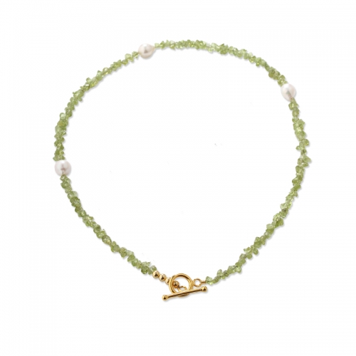 925 Sterling Silver Olivine Gemstone & Pearl OT Clasp Necklace