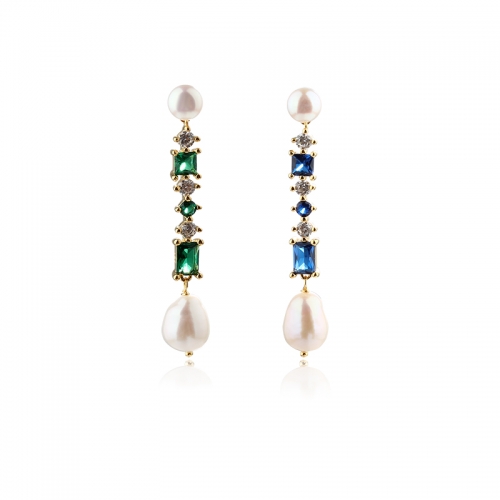 925 Sterling Silver Long Colourful CZ and Pearl Earrings Studs