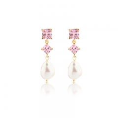 925 Sterling Silver Pink CZ Baroque Pearl Earrings Studs