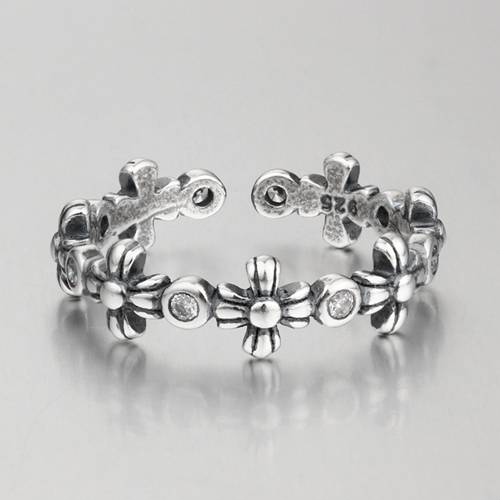 Oxidized 925 sterling silver flower open rings for girls