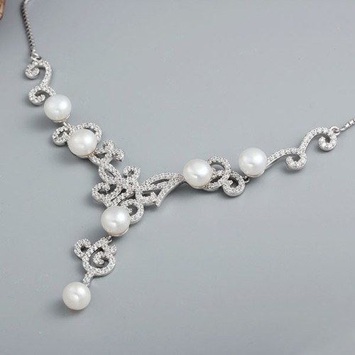 925 sterling cz pearl wedding statement necklace