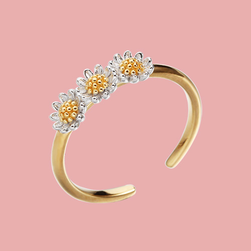 Two-tone 925 sterling silver daisy open rings