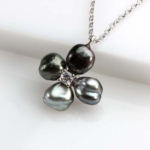 925 silver cz Tahitian black pearl clover pendant