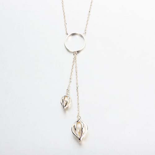 Fashion 925 silver pearl double bud long necklace