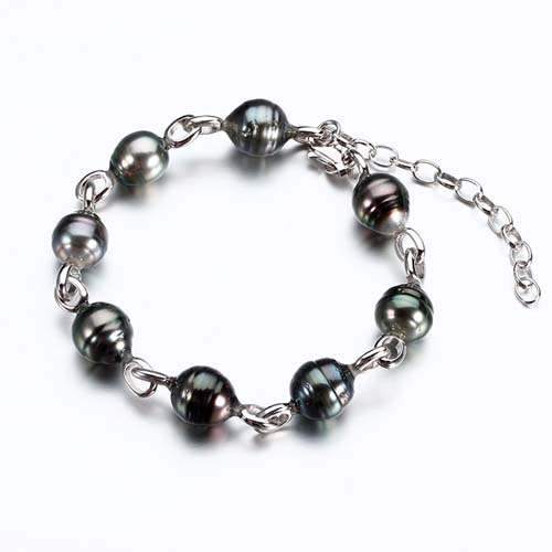925 silver Tahitian black pearl link bracelet