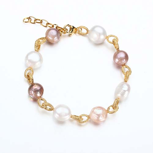 Two tone baroque pearls silver link bracelet