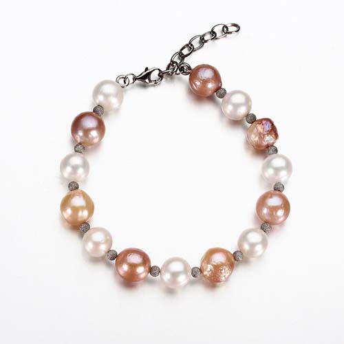 925 silver two tone baroque pearls beaded bracelet