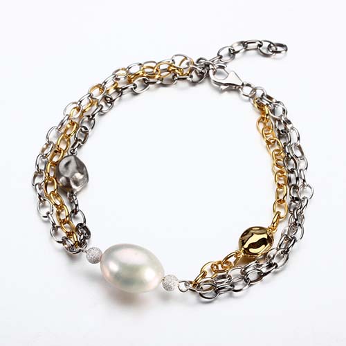 Multi layered sterling silver baroque pearl bracelet