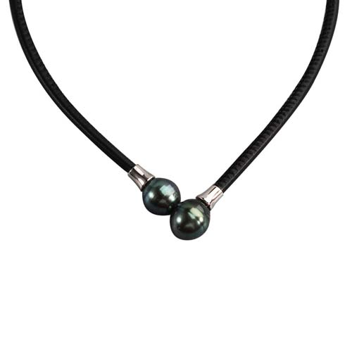 Magnetic Tahiti black pearl leather necklace